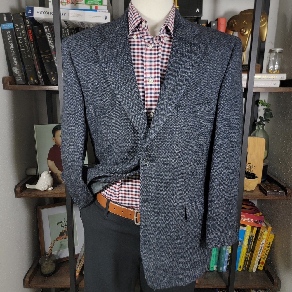 Stafford Men's Tweed Sport Coat Blazer Two Button Navy Herringbone Wool 42S